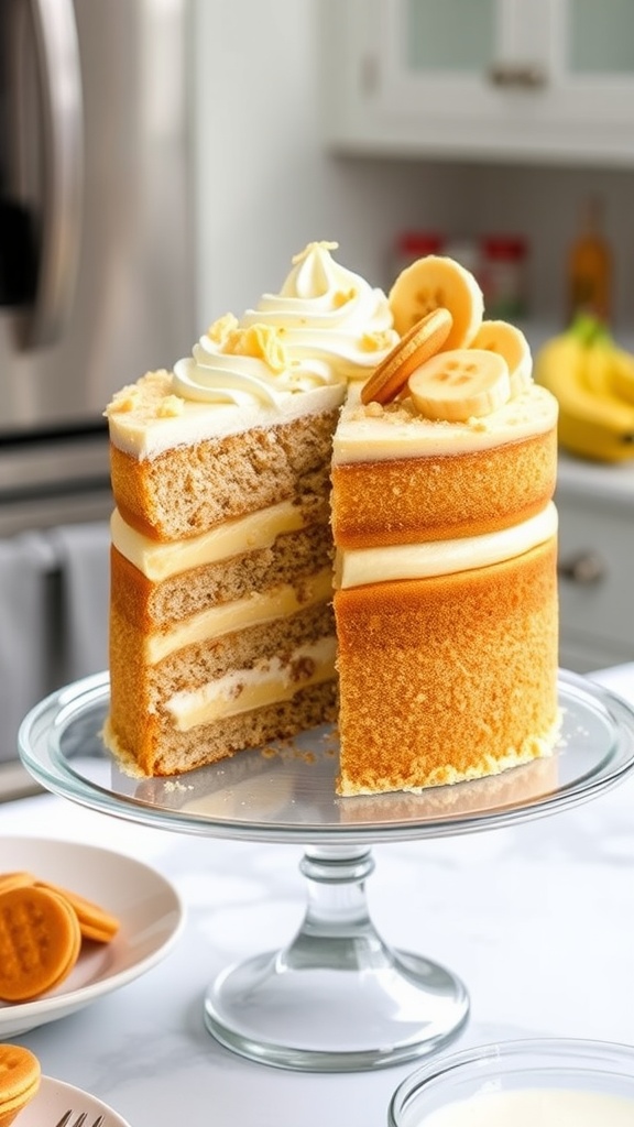 A sliced banana pudding cake with layers of banana cake, pudding, and whipped cream, garnished with vanilla wafers and banana slices.